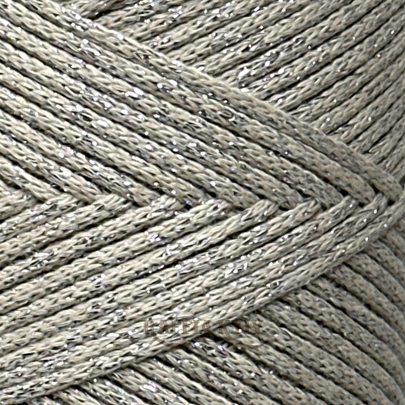 Крем бавовняний шнур Raffia™ Kyiv зі срібним люрексом для макраме та в'язання, 2 мм