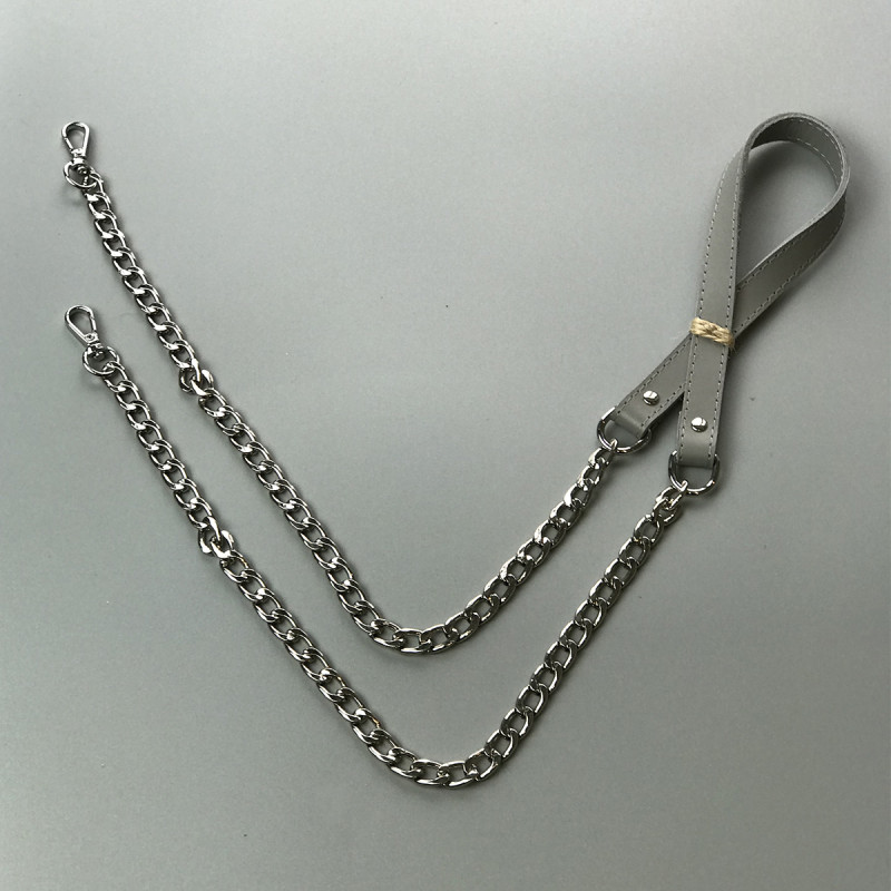 Светло-серый кожаный ремешок с цепочками, 120×1,5 см
