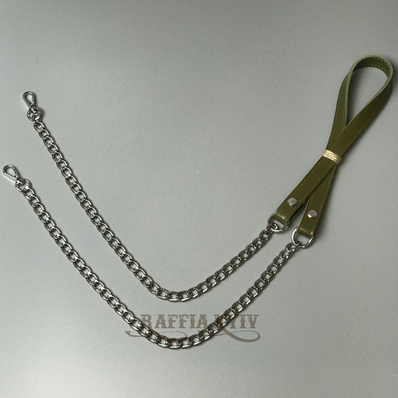 Olive leather strap with chainlets, 120×1.5 cm