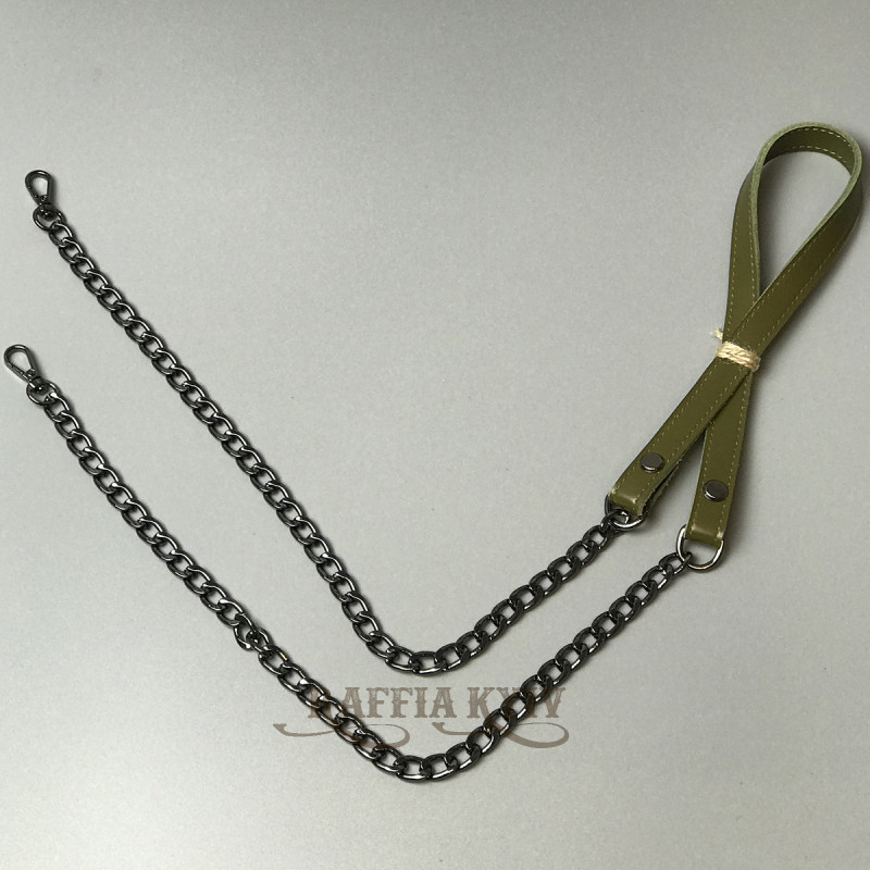 Olive leather strap with chainlets, 120×1.5 cm