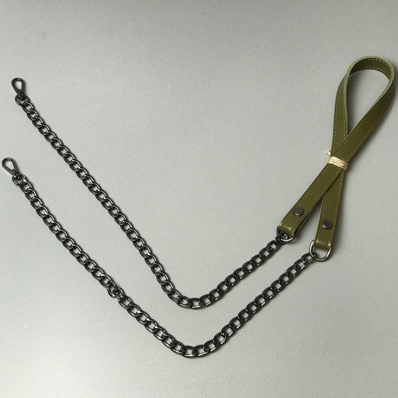 Olive leather strap with chainlets, 120×1.5 cm