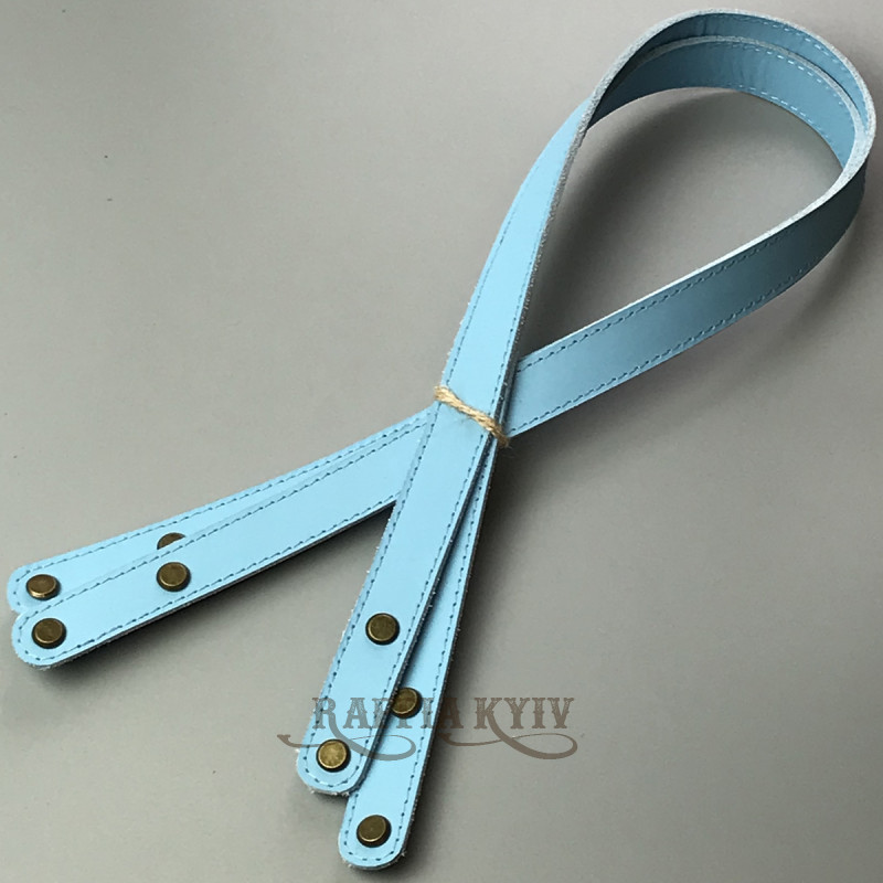 Blue leather handles with fixators for screws, 71×2 cm