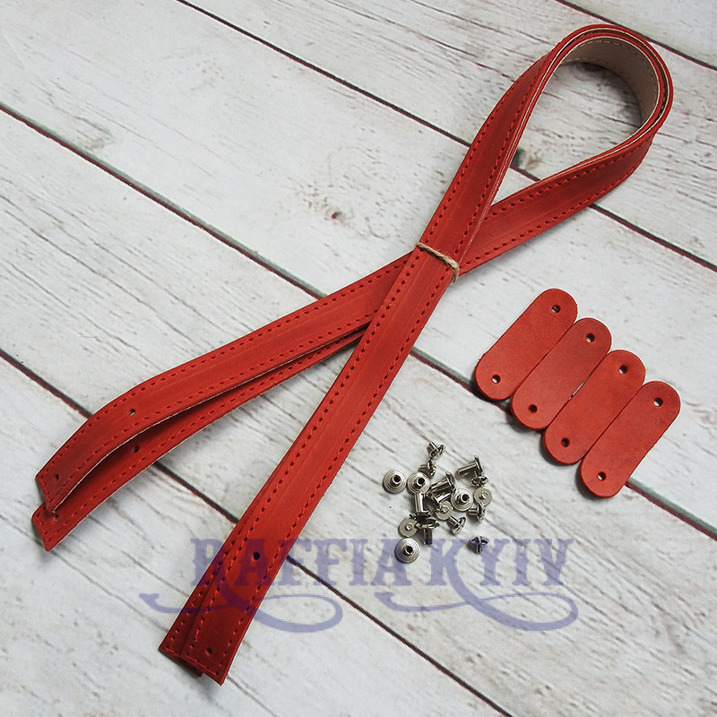Red matt leather handles with fixators for screws, 70×2 cm