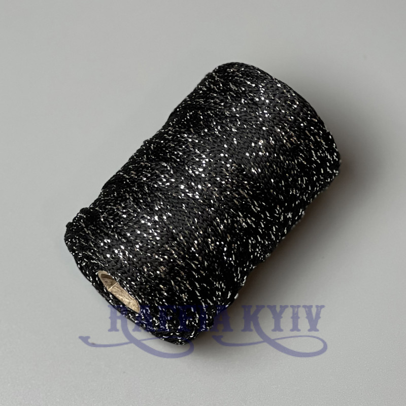 Черный полиэфирный шнур с серебристым люрексом, 3 мм