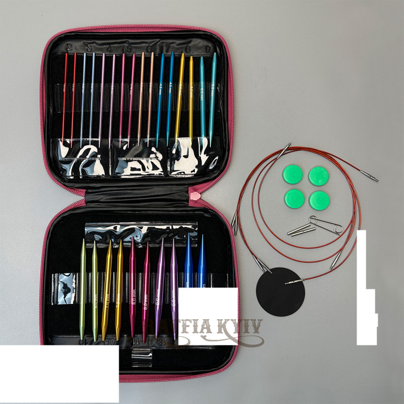 Interchangeable Circular Knitting Multicolor Needle Set in a Pink Case (13 Pairs)